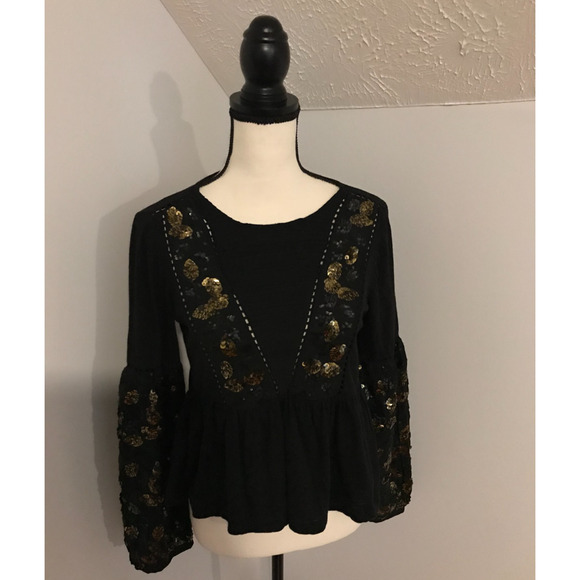 Anthropologie Neale Black Sequined Peplum Top - Size Extra Small - Picture 1 of 13